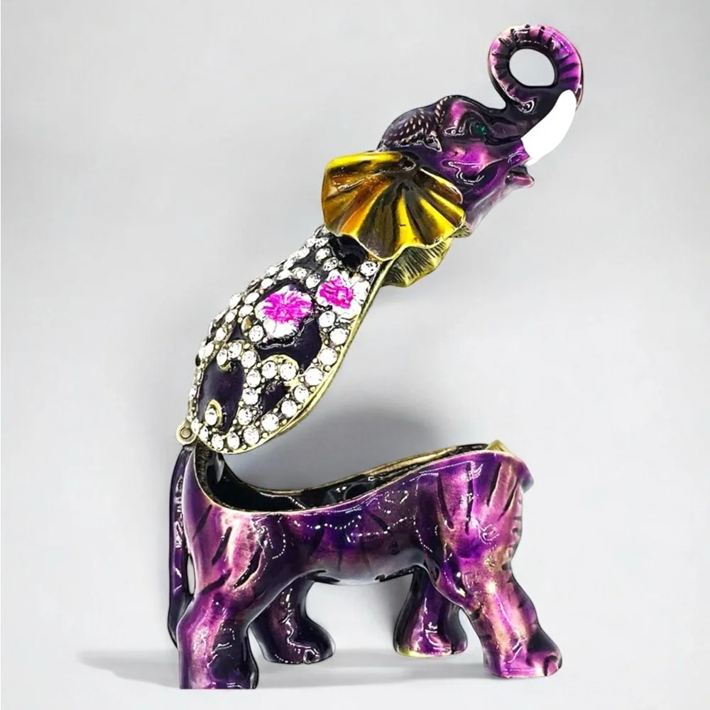 Hand-Painted Purple Jeweled Elephant Trinket Box with Crystals – NIB